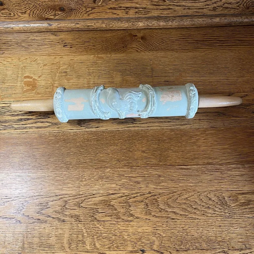 Rooster Embossed Rolling Pin Farmhouse Decor Sage Green Tan Distressed